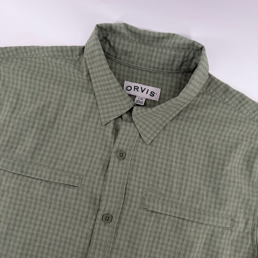 Orvis Button Down Shirt Mens Large L Sage Green Plaid Short Sleeve Outdoor